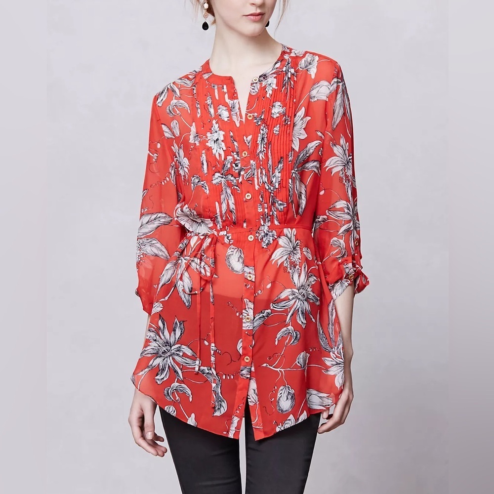 Leifsdottir 100% Silk Red Floral Sheer Blouse